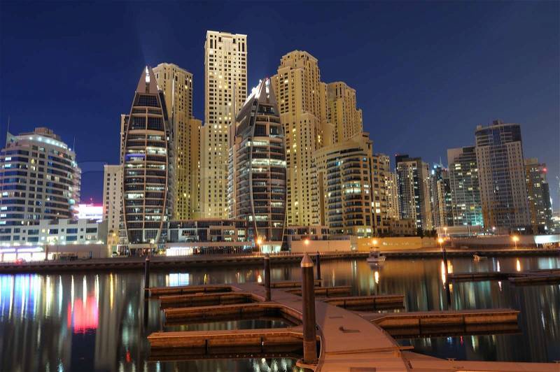 Dubai Marina Luxury Residence at night. Dubai, United Arab Emirates, stock photo