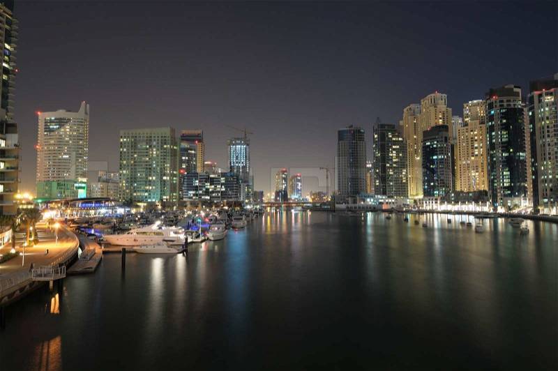 Dubai Marina at night. Dubai, United Arab Emirates, stock photo
