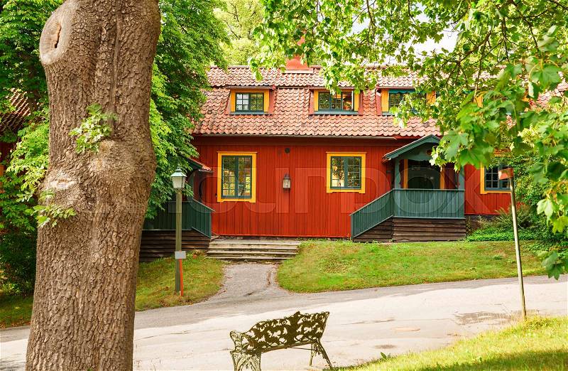 Traditional old house at Skansen, the first open-air museum and zoo, located on the island Djurgarden in Stockholm, Sweden, stock photo