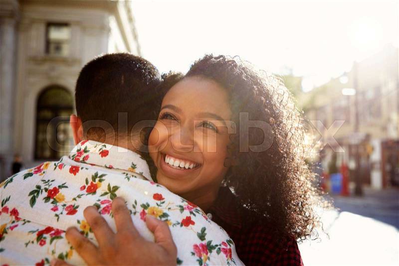 Young Couple Meeting On Urban Street In New York City, stock photo