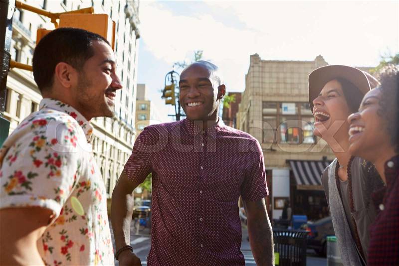 Group Of Friends Meeting On Urban Street In New York City, stock photo