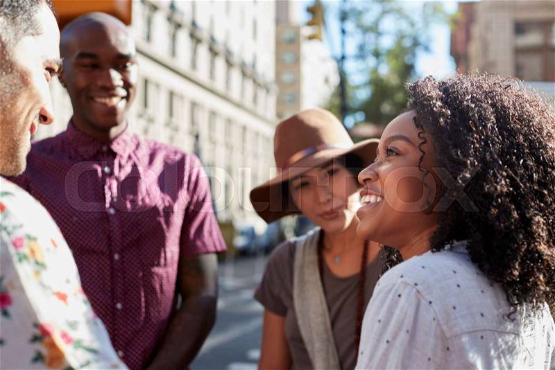 Group Of Friends Meeting On Urban Street In New York City, stock photo