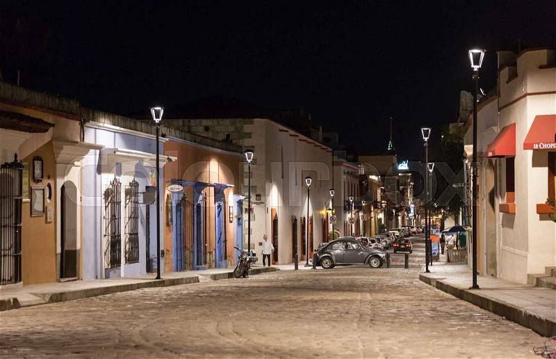 Oaxaca, Mexico - March 6th, 2012: Night view of one of the empty central streets in Oaxaca, Mexico, stock photo