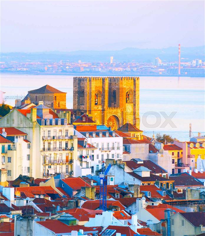 View of Lisbon with famous Lisbon Cathedral. Portugal, stock photo