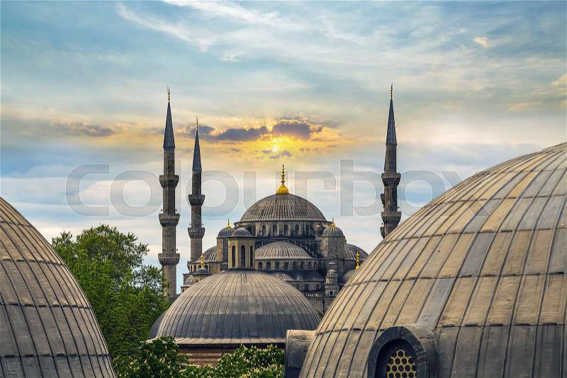 Dome and minaret of Hagia Sophia, Aya Sofya museum in Istanbul Turkey, stock photo