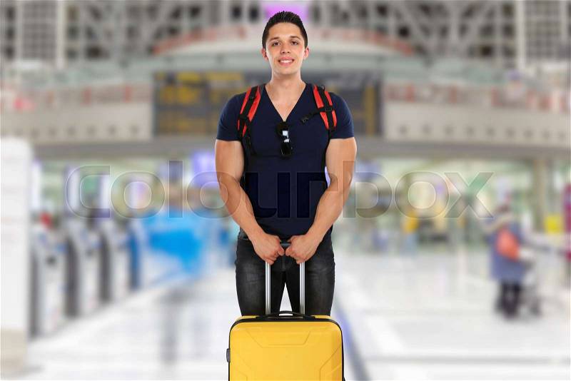Vacation holidays young man with luggage airport travel traveling bag, stock photo