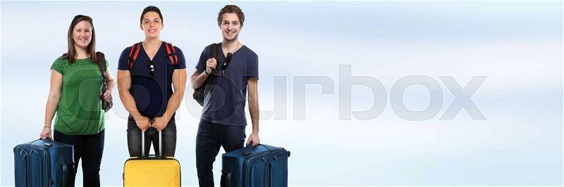 Group of young people vacation holidays luggage copyspace banner bag travel traveling baggage, stock photo