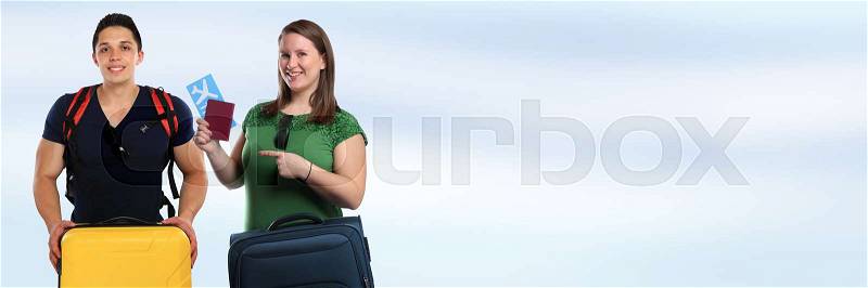 Young people travel traveling with luggage baggage copyspace banner bag flying vacation holidays fly, stock photo