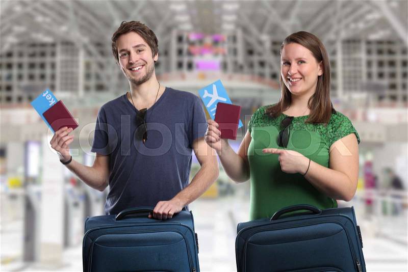 Young people travel traveling with luggage baggage airport bag flying vacation holidays fly, stock photo