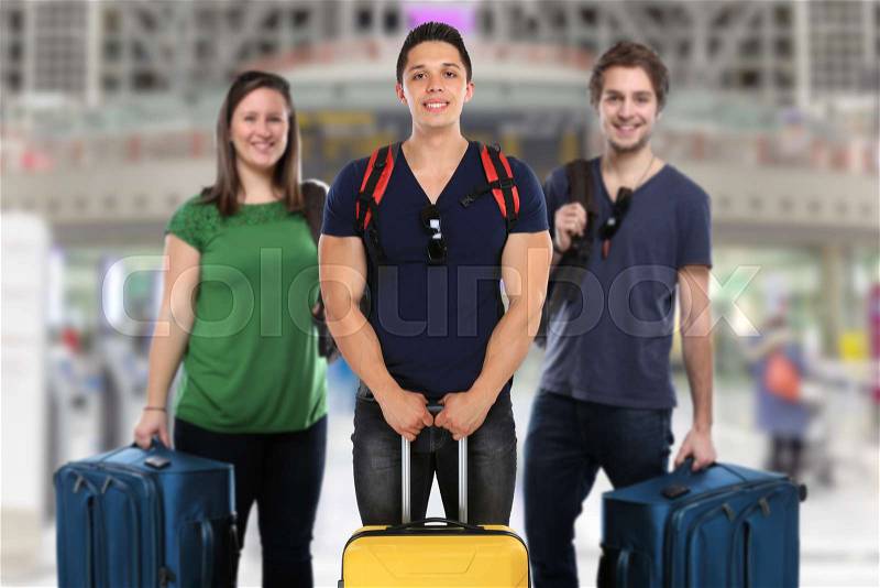 Travel traveling group of young people airport vacation holidays bag baggage, stock photo