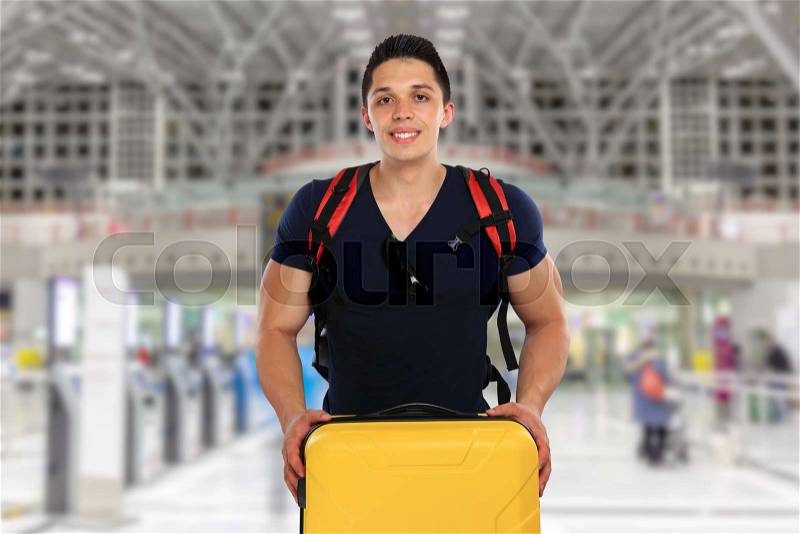 Young man with luggage baggage airport bag flying travel traveling vacation holidays fly, stock photo