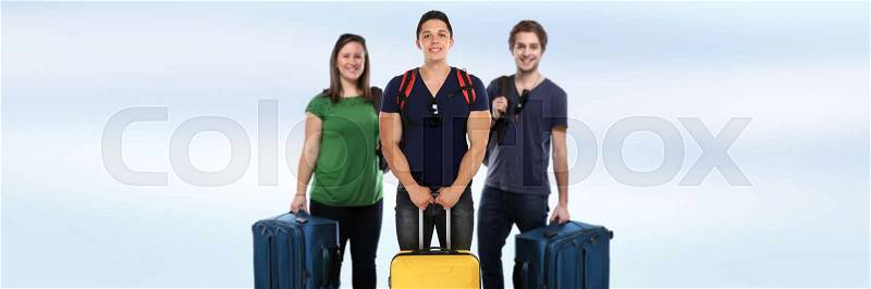 Travel traveling group of young people copyspace banner vacation holidays bag baggage, stock photo