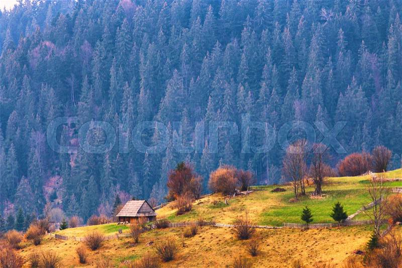 Mountains village on hillsides. Lone house on green hills. Spring landscape. , stock photo