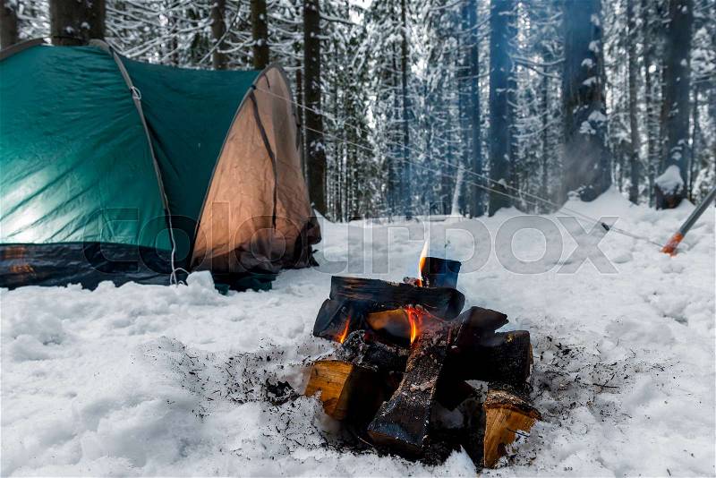 Close-up of a fire in the snow against the background of a green tent in a winter forest, stock photo
