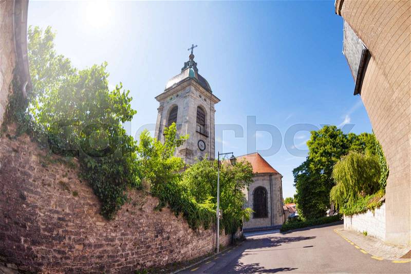 Clock tower of St. Jean Cathedral in Besancon at sunny day, France, stock photo