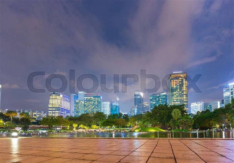 Kuala Lumpur, Malaysia-JANUARY 16,2017: Garden and river in the city at night. Garden view point around the city, stock photo