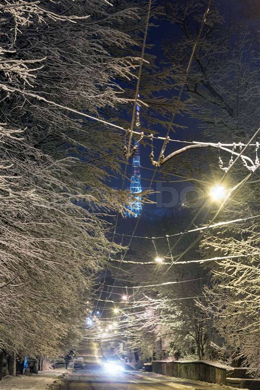 Night winter Lviv City street, Ukraine. Lystopadovogo Chynu (November Action) Street and Vysokyj Zamok (High Castle) TV tower, stock photo