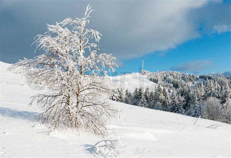 Beautiful winter rime frosting trees, communication tower and snowdrifts on mountain top on blue cloudy sky background (Carpathian mountain, Ukraine), stock photo