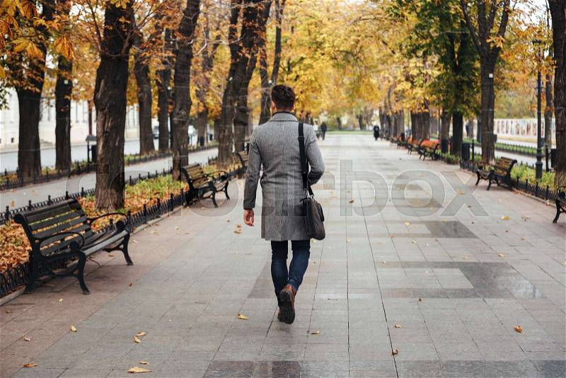Portrait from back of young stylish guy in coat with bag strolling in city park, looking on colorful trees, stock photo