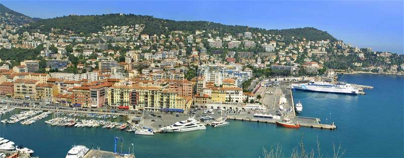 Panoramic view of sea port of City of Nice, Cote d'Azure, France, stock photo