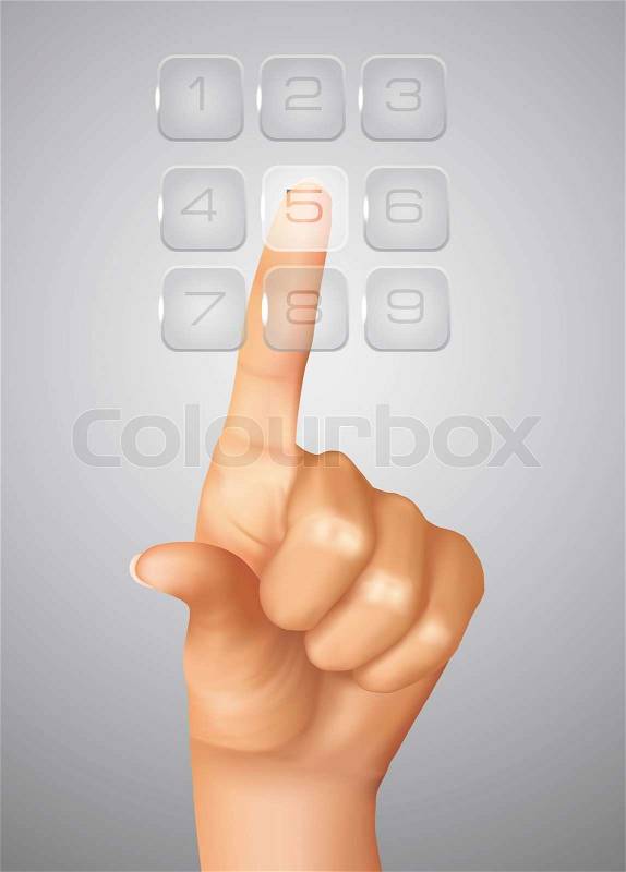 The hand on the flow of several button. Solution concept, stock photo