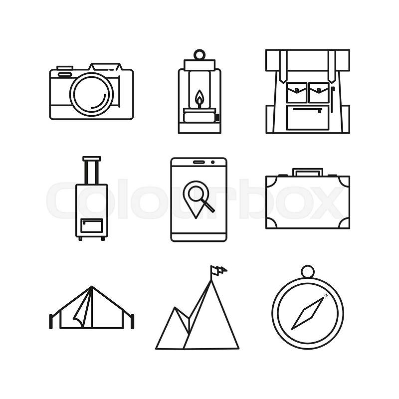 Simple Thin Outline Travel Adventure Line Icon Symbol Vector Illustration Graphic Design Set, vector