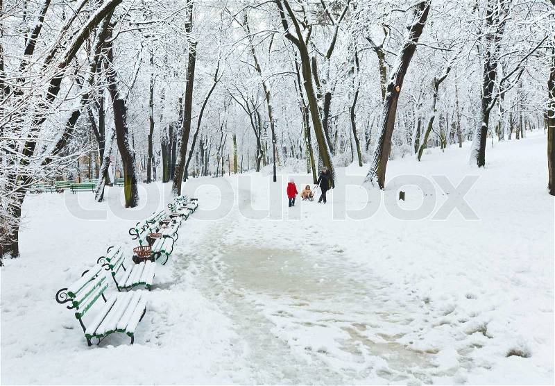Mother with children walking in winter snow covered city park dull day, stock photo
