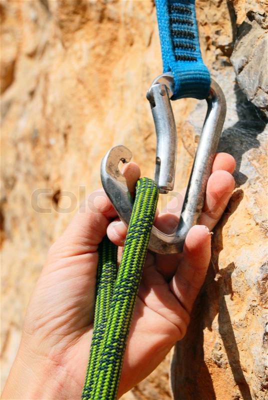 Rope for climbing and quick-draws, stock photo