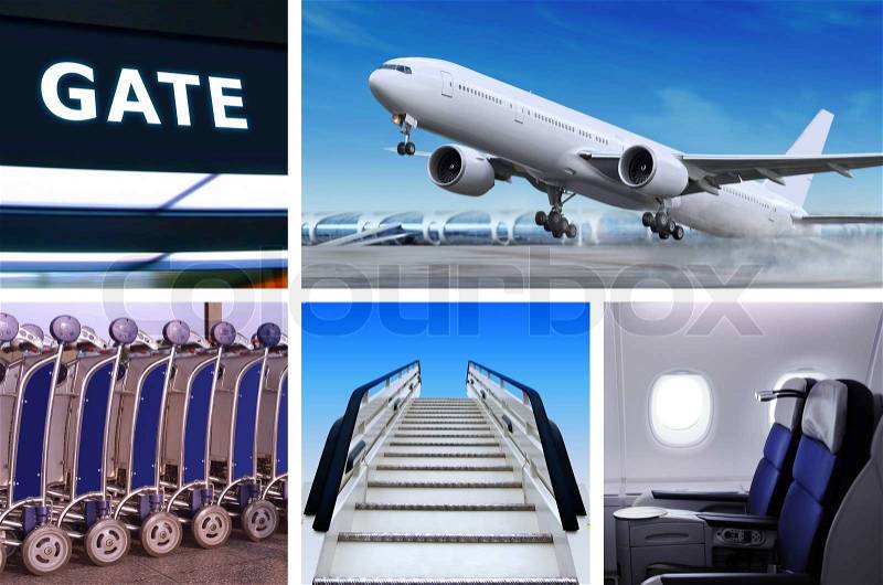 Collage of air transportation with details and accessories, stock photo