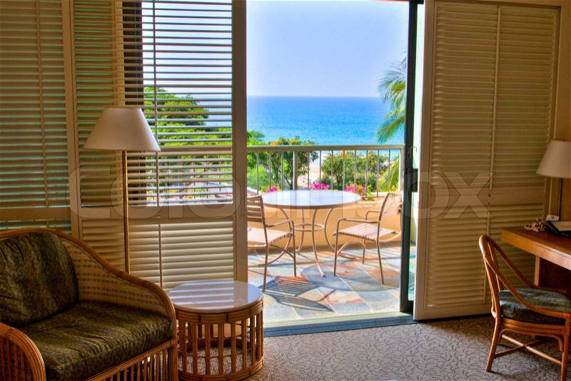 Ocean View from tropical resort room with beautiful balcony, stock photo