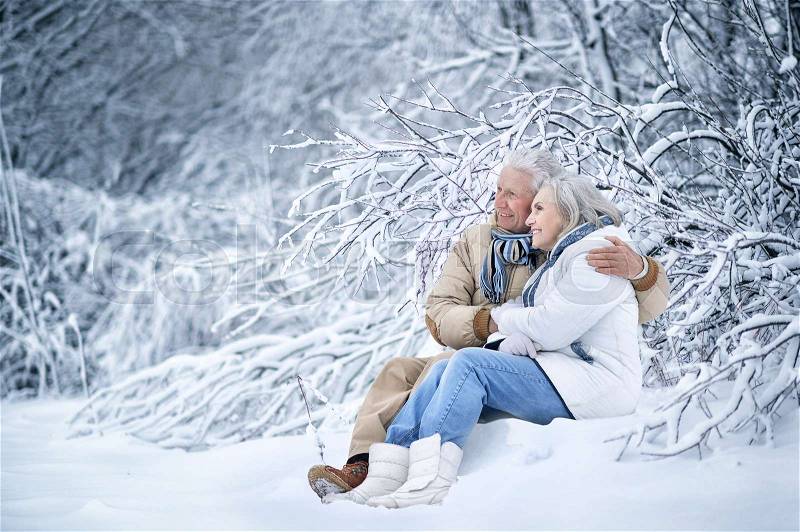 Portrait of happy senior couple at winter outdoors, stock photo