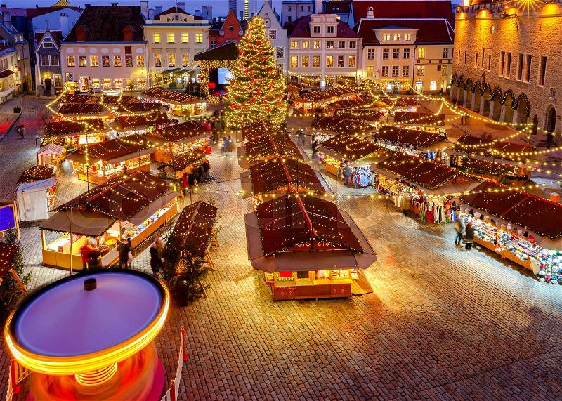 Christmas Fair and Christmas tree on the Town Hall Square. Tallinn. Estonia, stock photo