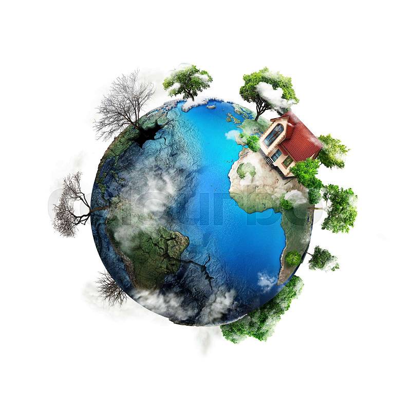 Eco-concept. The sphere of the earth with a bright side and a darker side. One side is green with the house, the other side is empty and dry with a drought, stock photo