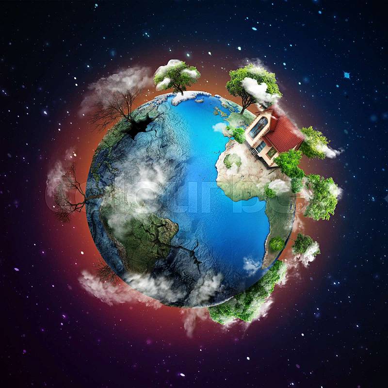 Eco-concept. The sphere of the earth with a bright side and a darker side. One side is green with the house, the other side is empty and dry with a drought, stock photo