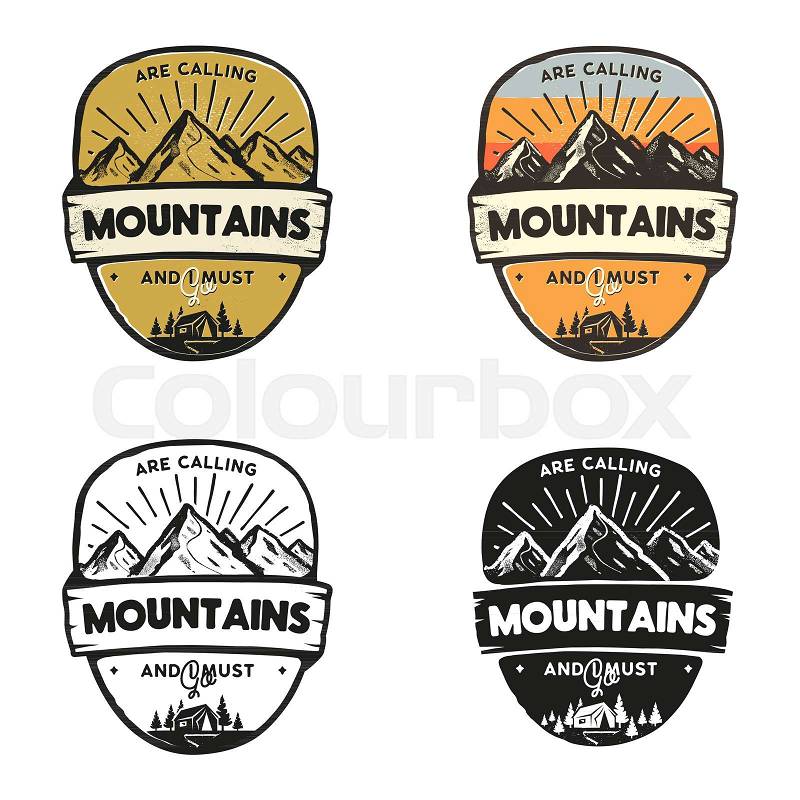 Travel logo design concepts. Monochrome, retro colors, line, silhouette styles. Mountain adventure badge, travel logo template. Camping patch, prints. Stock vector label isolated, vector