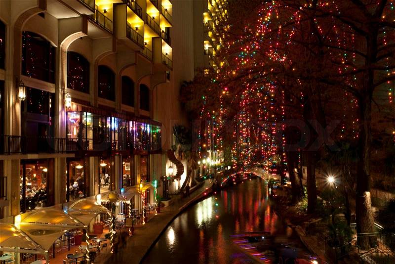 Christmas lights at riverwalk in San Antonio, Texas, USA, stock photo