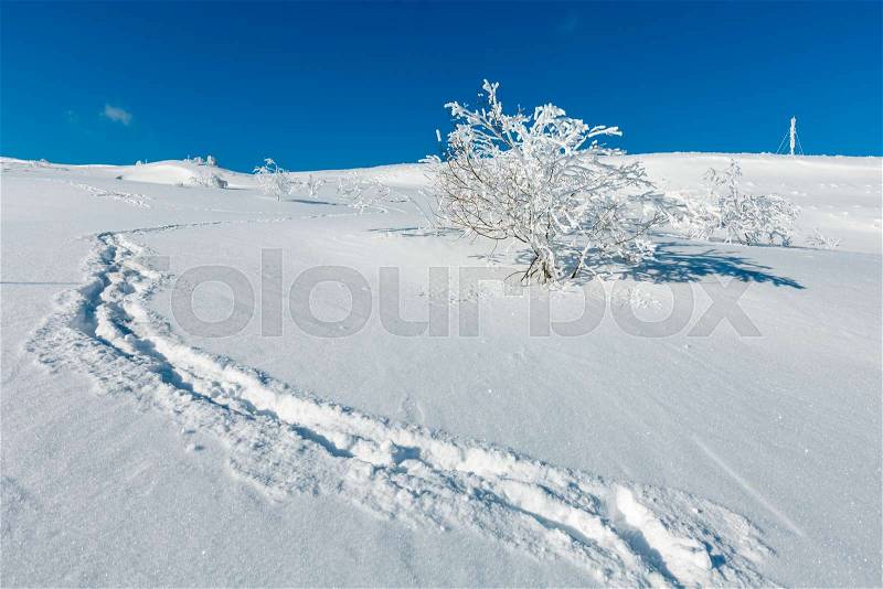 Beautiful winter rime frosting trees, communication tower and footpath track through snowdrifts on mountain slope on blue sky background (Carpathian mountain, Ukraine), stock photo
