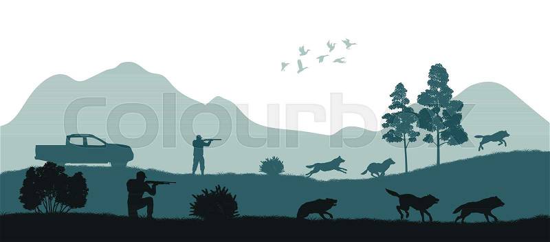 Hunting the wolves. Black silhouette of hunters on forest background. Wildlife landscape. Panorama of shotgun mans safari. Season expedition. Vector illustration, vector
