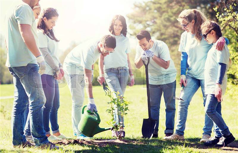 Volunteering, charity, people and ecology concept - group of happy volunteers planting and watering tree with can in park, stock photo