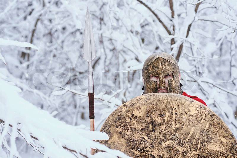 Spartan man took shelter under snowy branches in winter forest. He kaaps big round shield in one hand and sharp spear in another. Warrior wears red long cape on his shoulders. He is strong and wary, stock photo