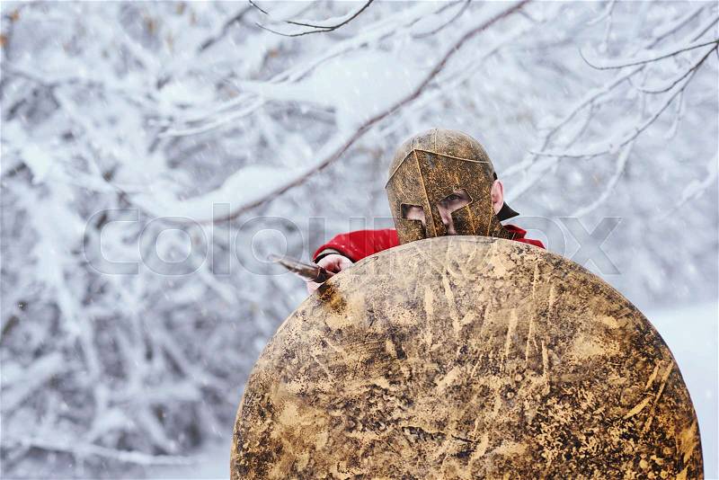 Strong spartan warrior is waiting for attack in winter forest. A man stands near white tree branches. He has metallic spear, shield. There\'s helmet on head. A warrior is strong,young and confident, stock photo