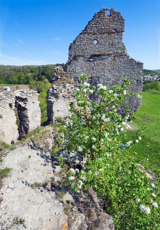 Spring view of Castle ruins Sydoriv village, Ternopil region, Ukraine, stock photo