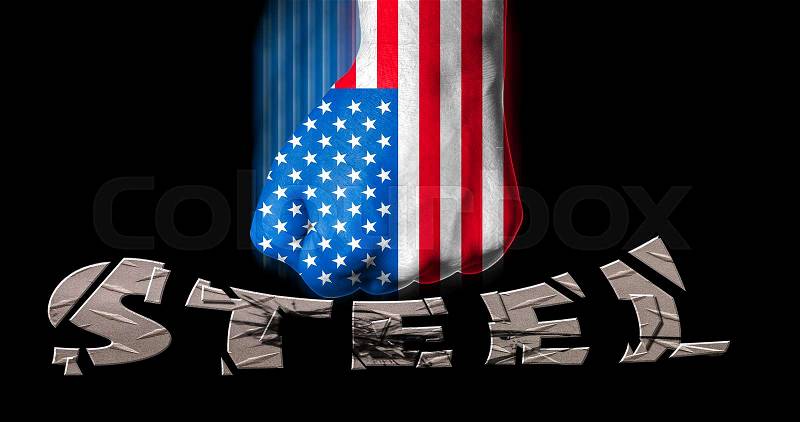 Hand painted in the American flag clenched in a fist smashing the word steel/USA steel tariff dispute concept, stock photo