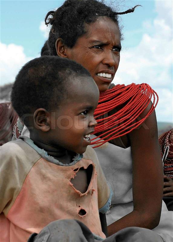 Woman with her child, portrait of an African family,review of daily life of local people,near Samburu Park National Reserve,November 8,2008,Kenya, stock photo