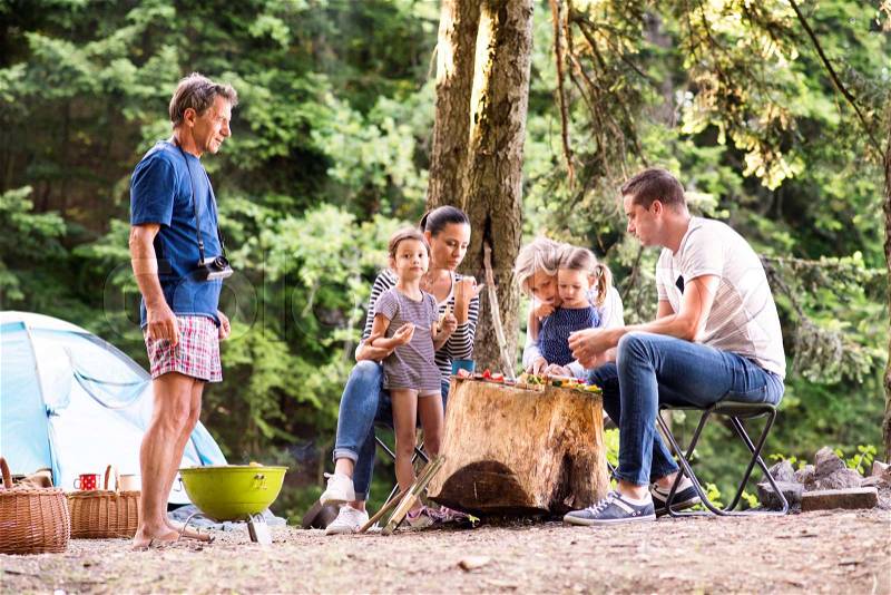 Beautiful family enjoying camping holiday in forest. Barbecue with drinks and food, stock photo