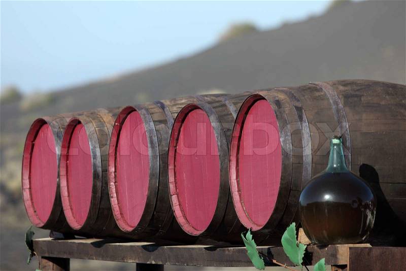 Wine barrels at a bodega on Canary Island Lanzarote, Spain, stock photo
