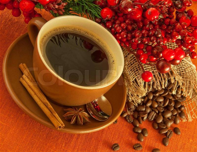 Christmas branch from berries and a fur-tree and a cup of coffee, stock photo