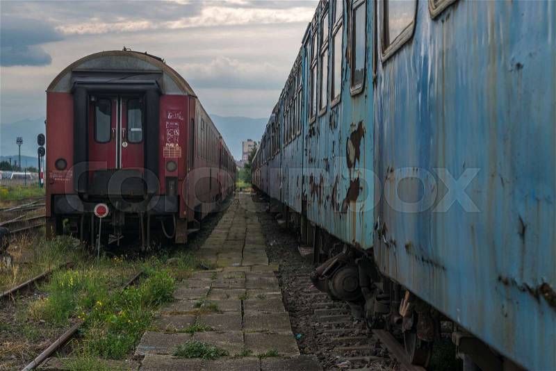 The abandoned train wagon in a railway station, stock photo