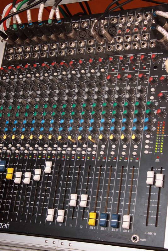 Buttons equipment in audio recording studio, stock photo