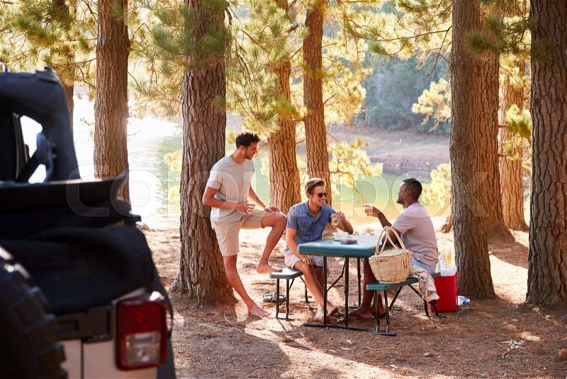 Three male friends talking at a picnic table by a lake, stock photo